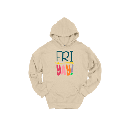 FRIYAY! design on a Sand adult hoodie, front view.