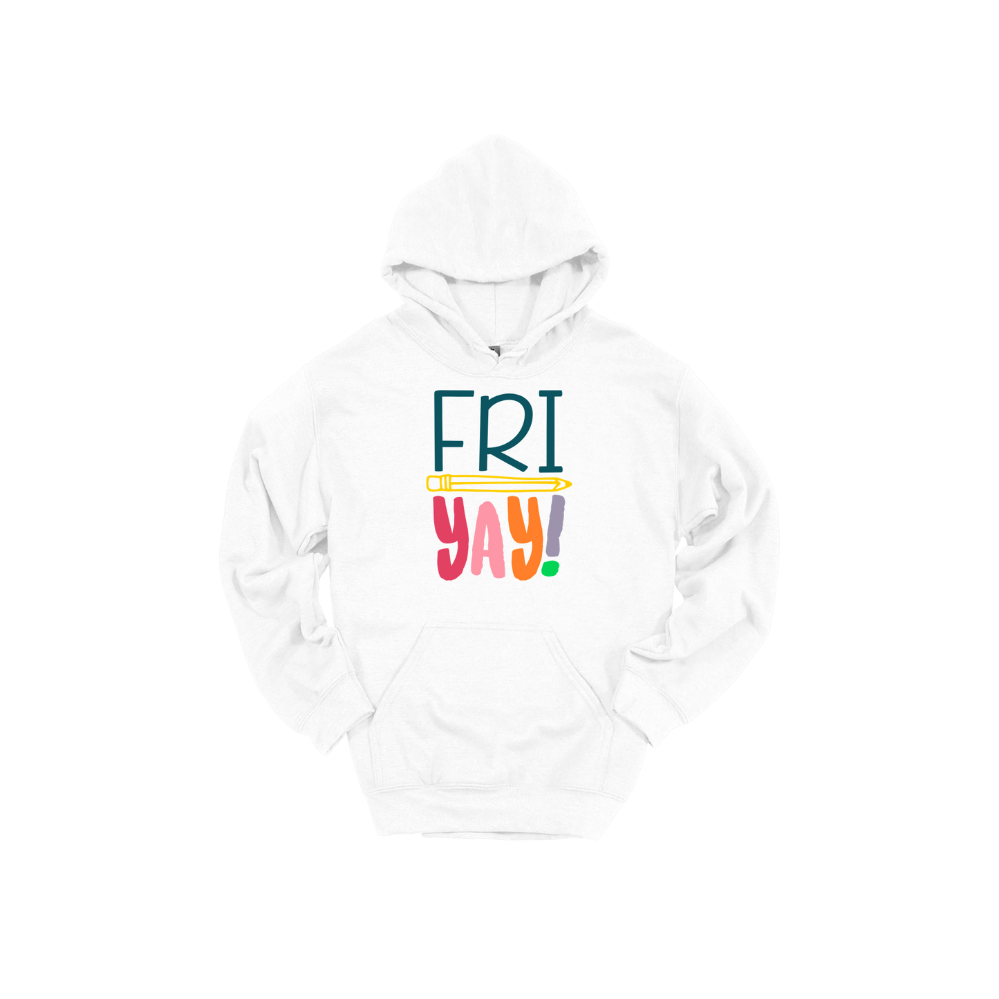 FRIYAY! design on a White adult hoodie, front view.
