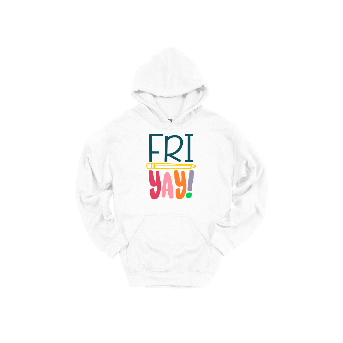FRIYAY! design on a White adult hoodie, front view.