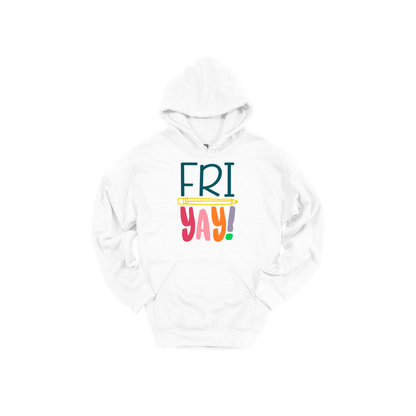 FRIYAY! design on a White adult hoodie, front view.