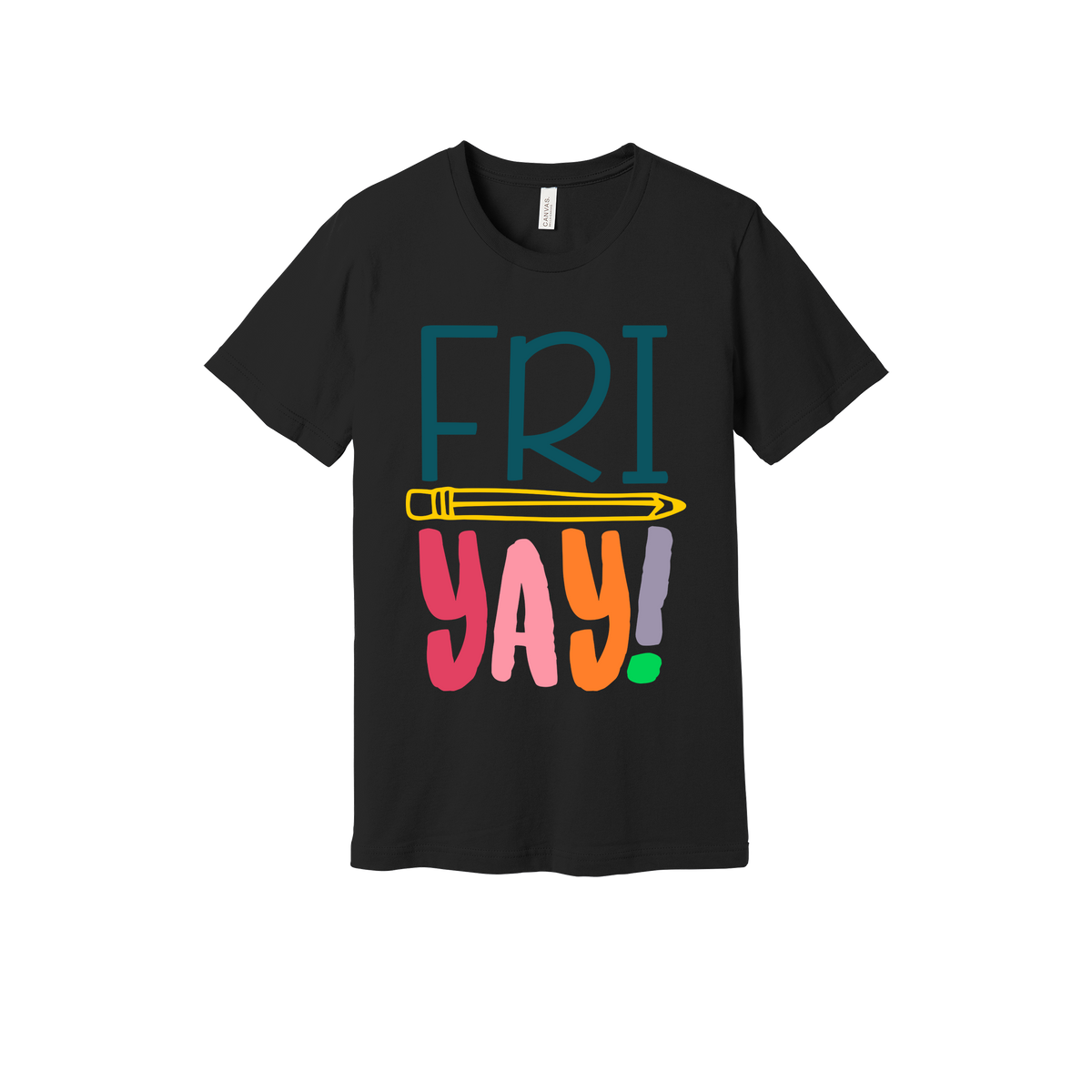 FRIYAY! design on a Black adult T-shirt, front view.