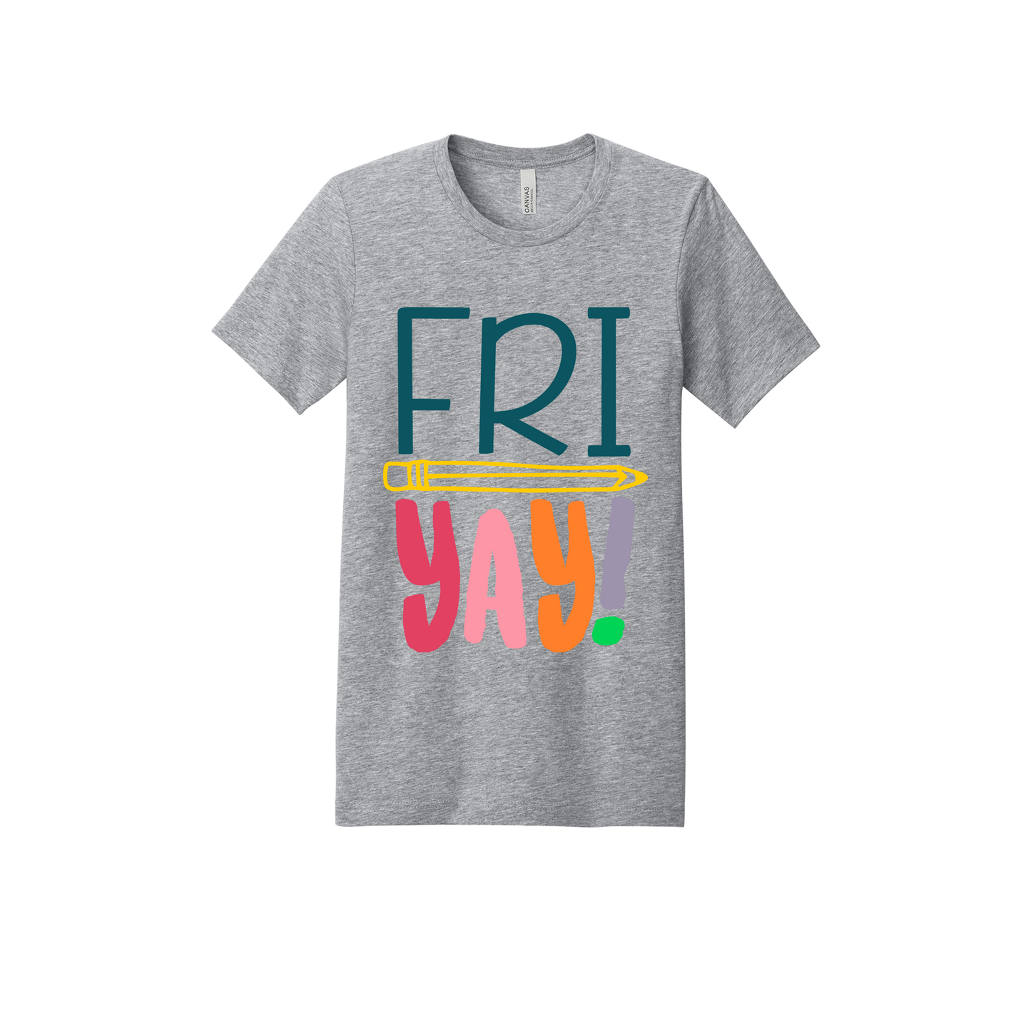 FRIYAY! design on a Heather Athletic Gray adult T-shirt, front view.
