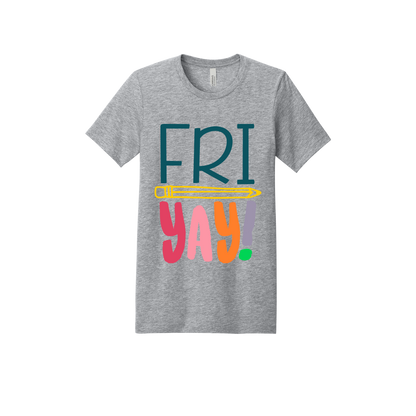FRIYAY! design on a Heather Athletic Gray adult T-shirt, front view.