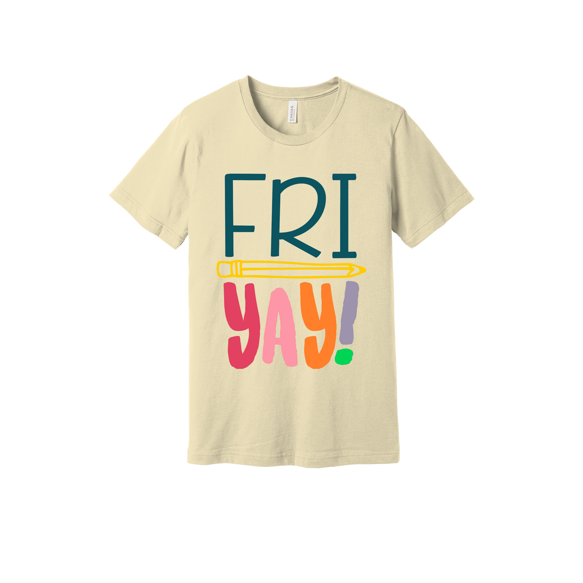 FRIYAY! design on a Natural adult T-shirt, front view.
