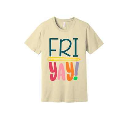 FRIYAY! design on a Natural adult T-shirt, front view.