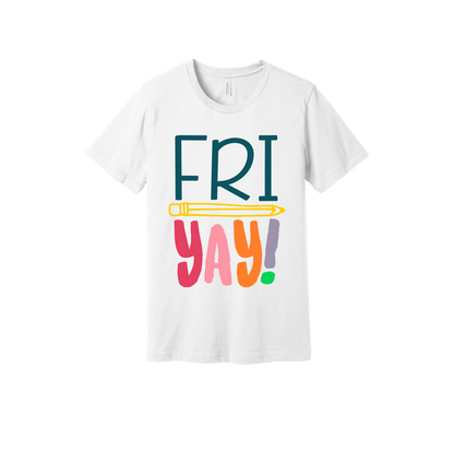 FRIYAY! design on a White adult T-shirt, front view.