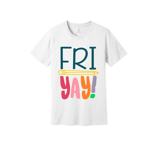 FRIYAY! design on a White adult T-shirt, front view.