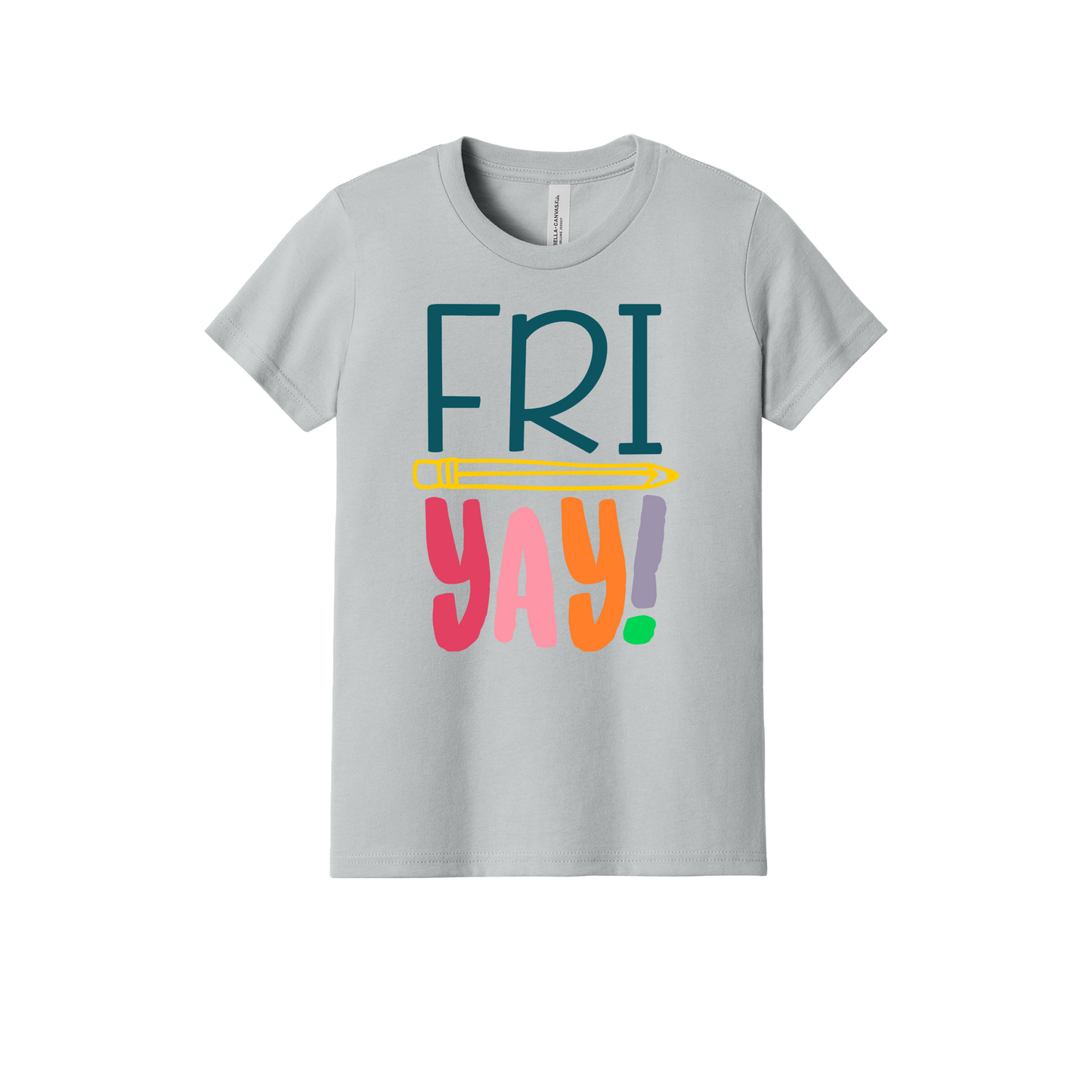 FRIYAY! design on a Heather Athletic Gray youth T-shirt, front view.