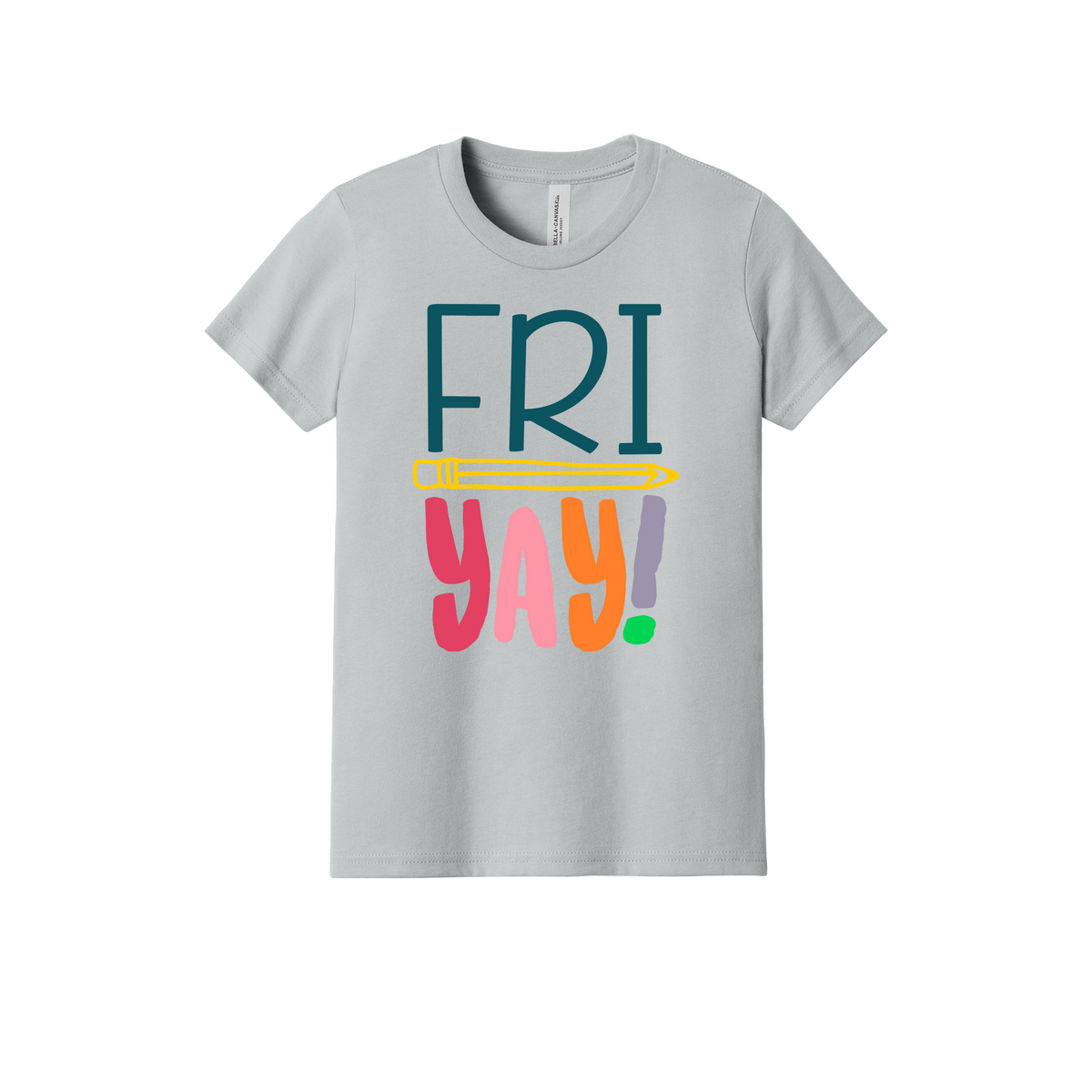 FRIYAY! design on a Heather Athletic Gray youth T-shirt, front view.
