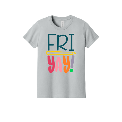 FRIYAY! design on a Heather Athletic Gray youth T-shirt, front view.