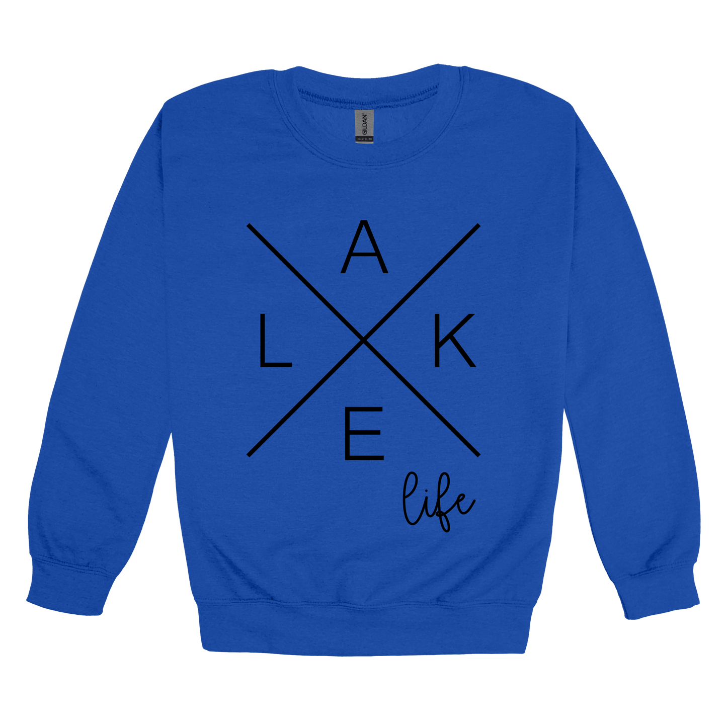 Lake Life design on a Royal Blue adult crewneck sweatshirt, front view.
