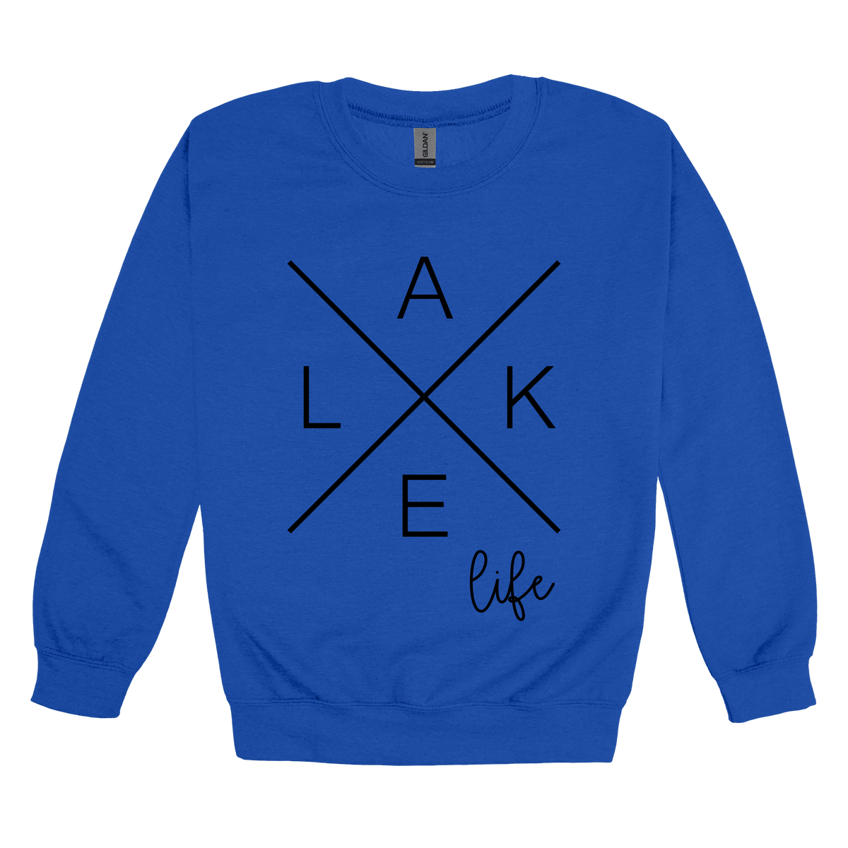 Lake Life design on a Royal Blue adult crewneck sweatshirt, front view.