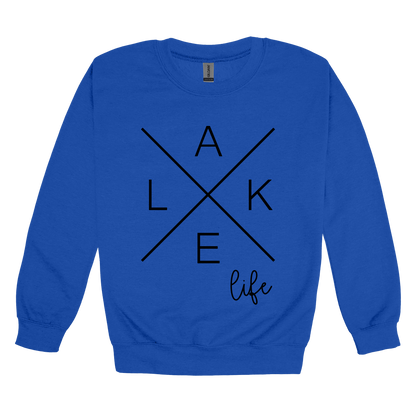 Lake Life design on a Royal Blue adult crewneck sweatshirt, front view.