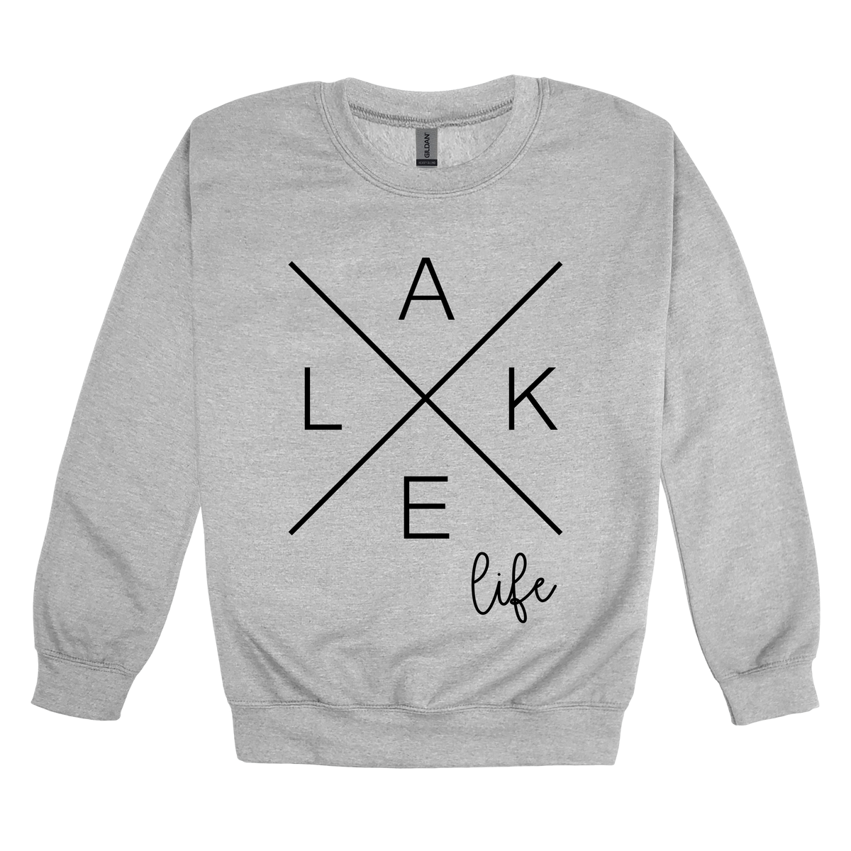 Lake Life design on a Sport Gray adult crewneck sweatshirt, front view.
