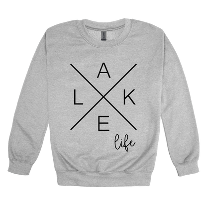 Lake Life design on a Sport Gray adult crewneck sweatshirt, front view.