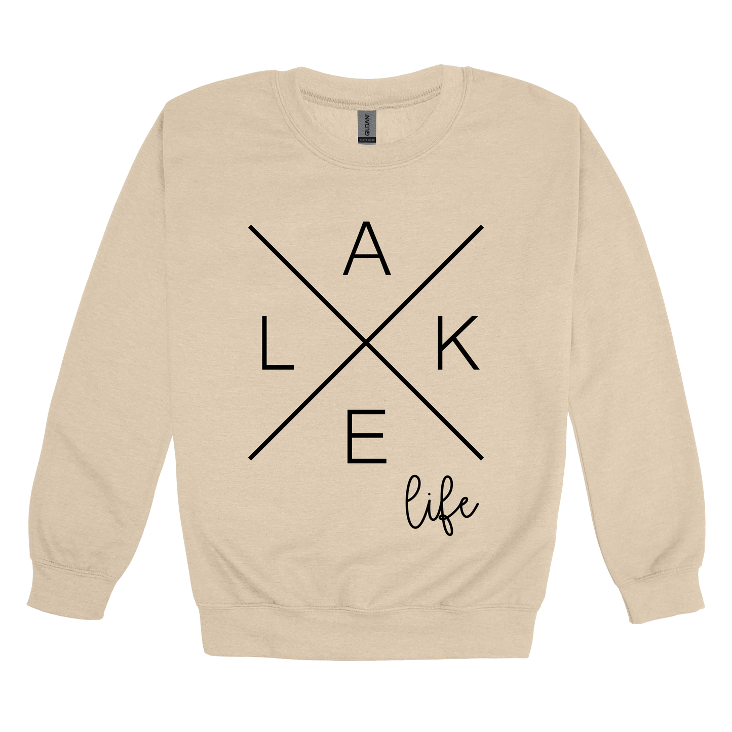Lake Life design on a Sand adult crewneck sweatshirt, front view.