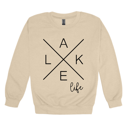 Lake Life design on a Sand adult crewneck sweatshirt, front view.