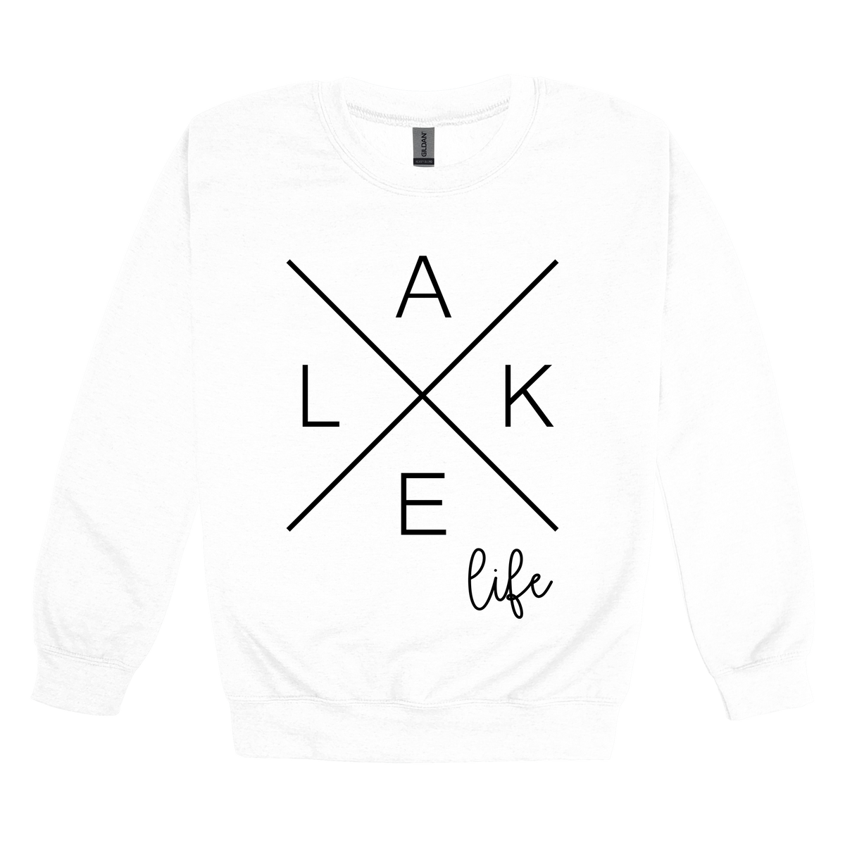 Lake Life design on a White adult crewneck sweatshirt, front view.