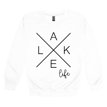 Lake Life design on a White adult crewneck sweatshirt, front view.