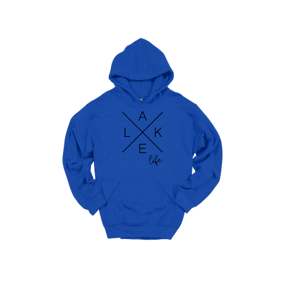Lake Life design on a Royal Blue adult hoodie, front view.