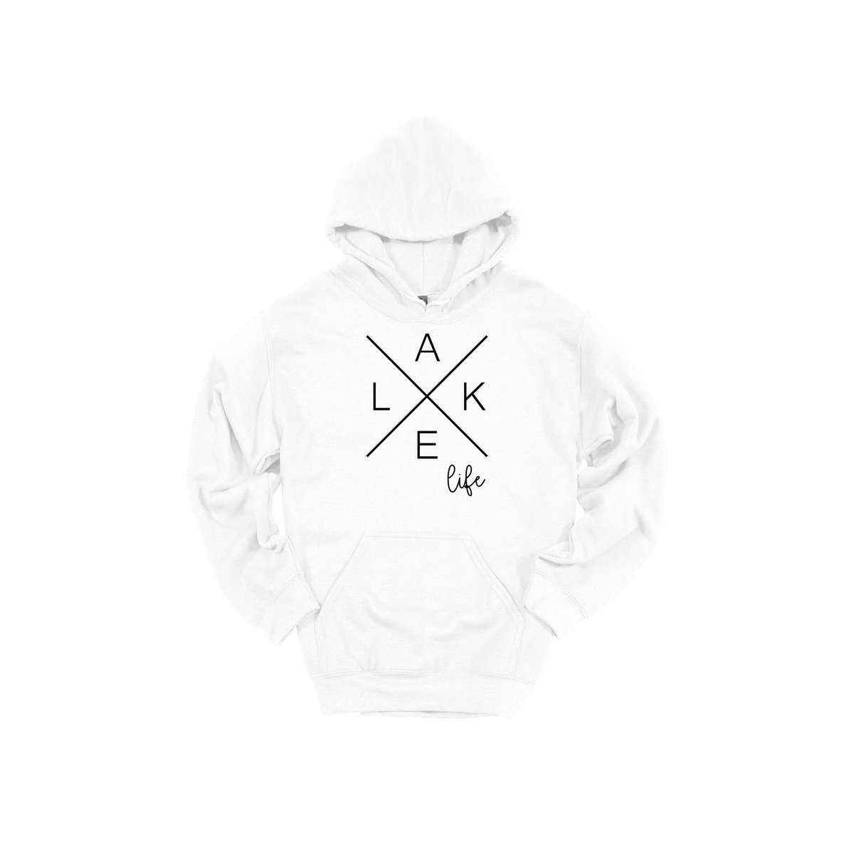 Lake Life design on a White adult hoodie, front view.