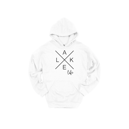 Lake Life design on a White adult hoodie, front view.