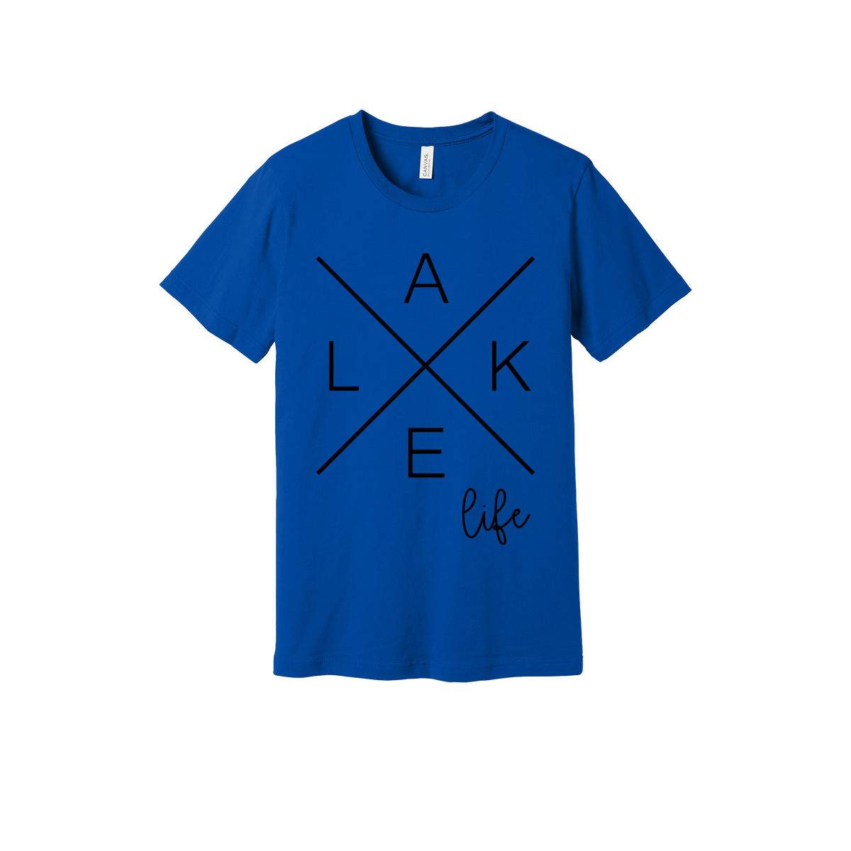Lake Life design on a Royal Blue adult T-shirt, front view.