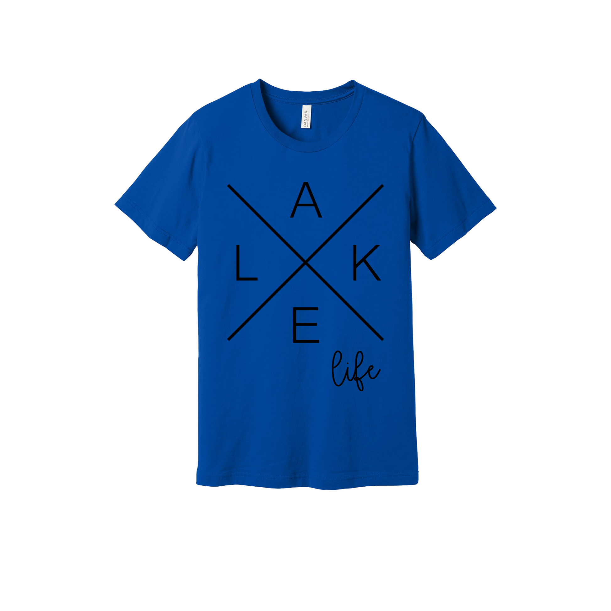Lake Life design on a Royal Blue adult T-shirt, front view.