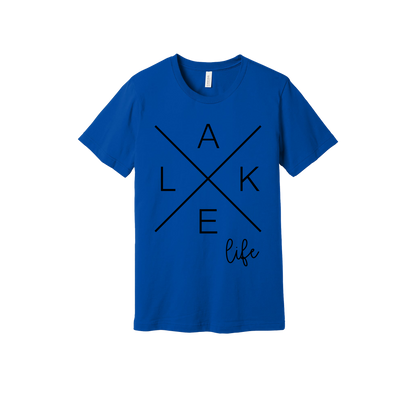 Lake Life design on a Royal Blue adult T-shirt, front view.