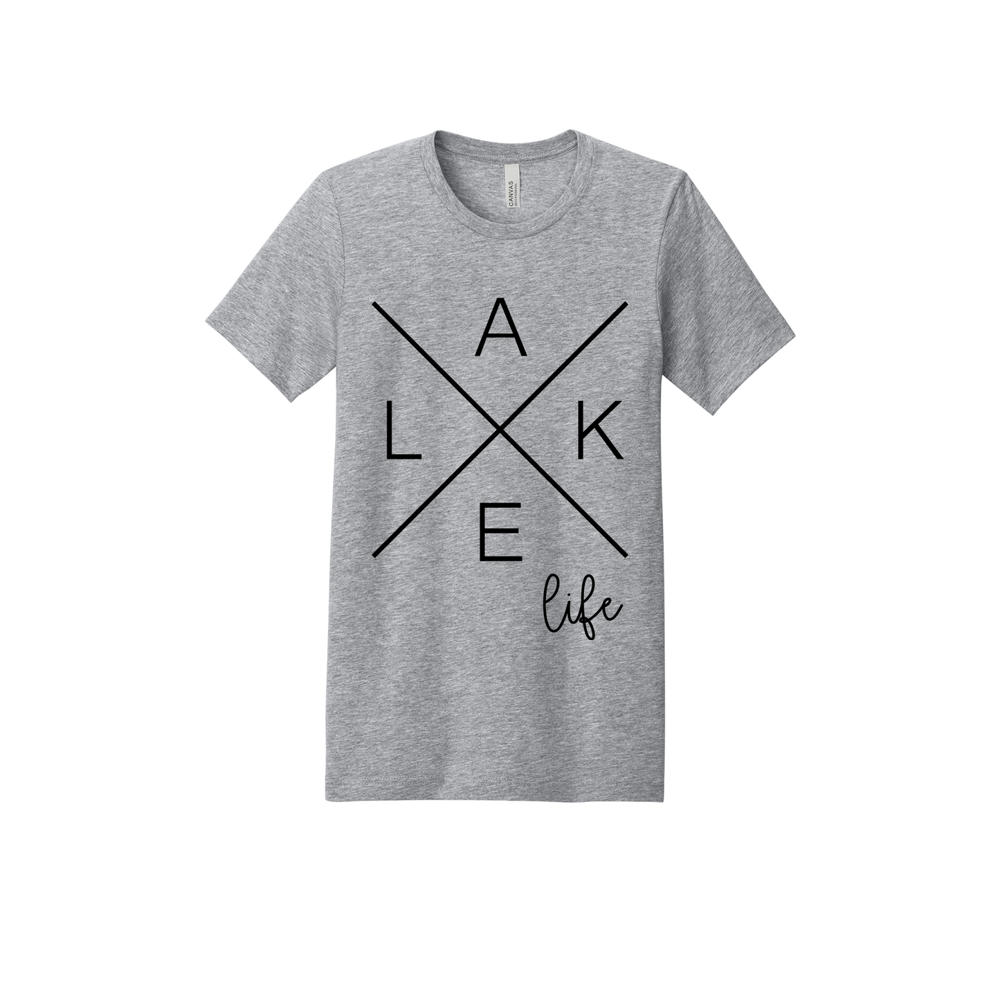 Lake Life design on a Heather Athletic Gray adult T-shirt, front view.