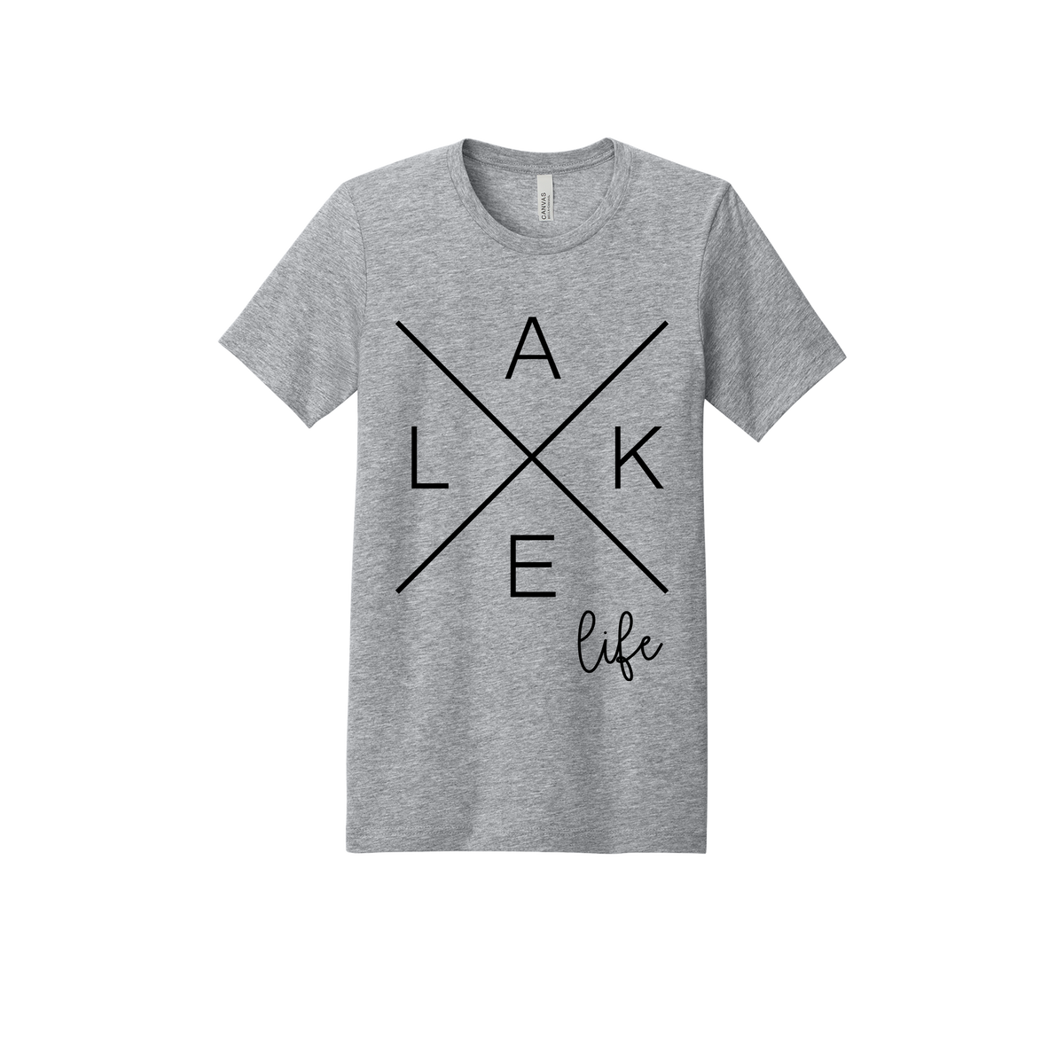 Lake Life design on a Heather Athletic Gray adult T-shirt, front view.
