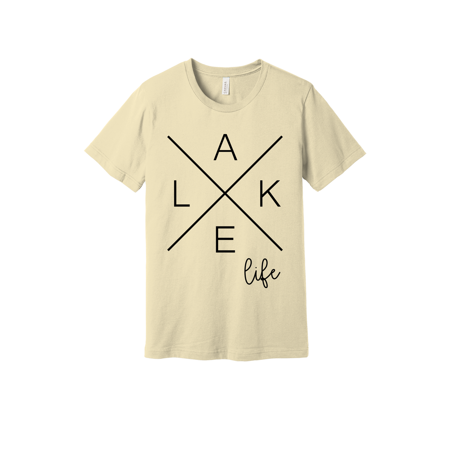 Lake Life design on a Natural adult T-shirt, front view.