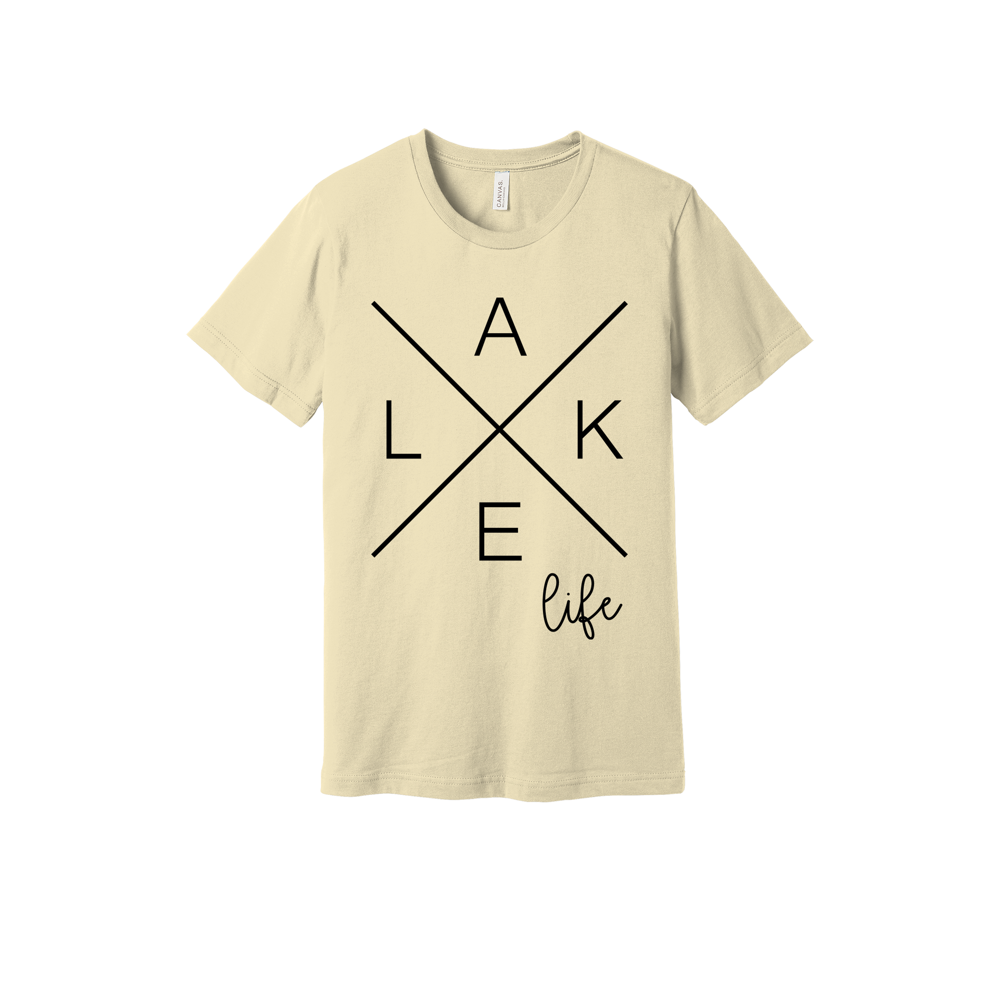 Lake Life design on a Natural adult T-shirt, front view.