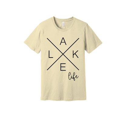 Lake Life design on a Natural adult T-shirt, front view.