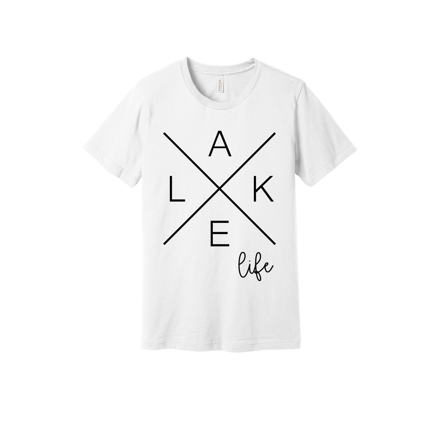 Lake Life design on a White adult T-shirt, front view.