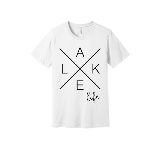 Lake Life design on a White adult T-shirt, front view.