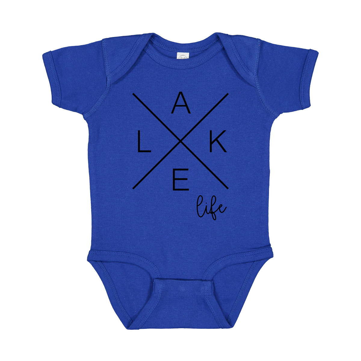 Lake Life design on a Royal Blue infant onesie, front view.