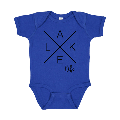 Lake Life design on a Royal Blue infant onesie, front view.