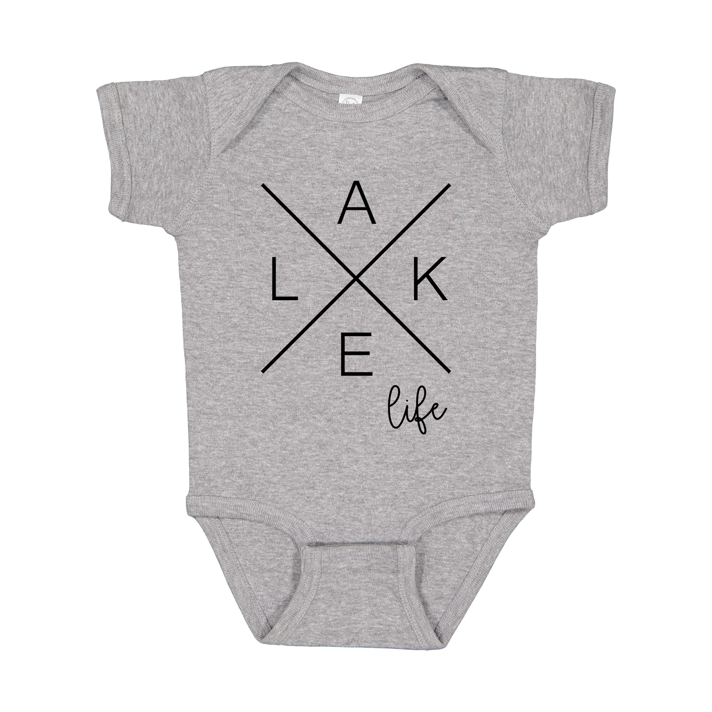 Lake Life design on a Heather Athletic Gray infant onesie, front view.