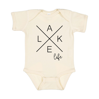Lake Life design on a Natural infant onesie, front view.