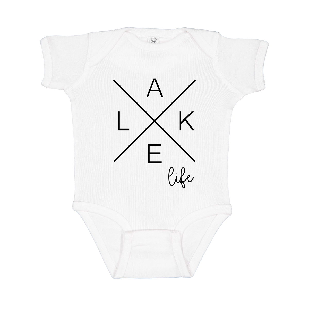 Lake Life design on a White infant onesie, front view.