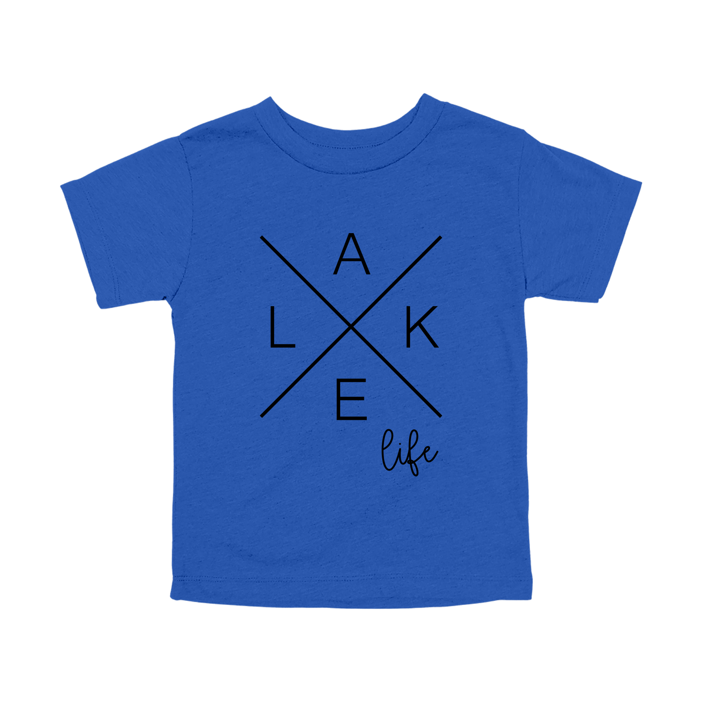 Lake Life design on a Royal Blue toddler T-shirt, front view.