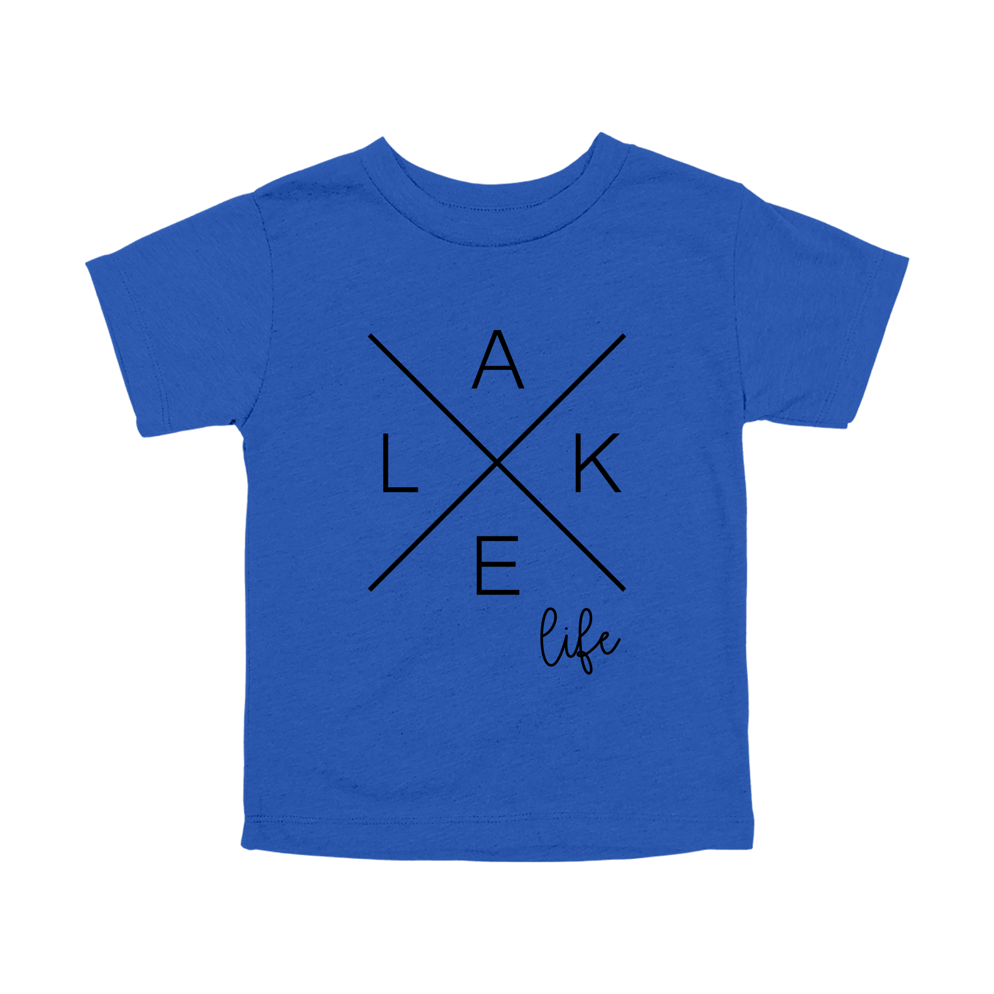 Lake Life design on a Royal Blue toddler T-shirt, front view.