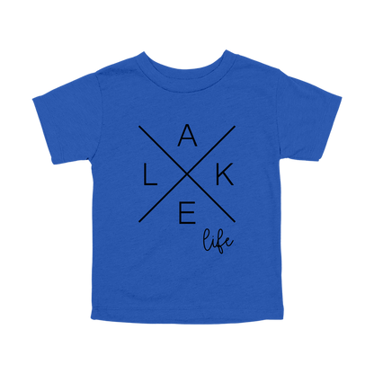 Lake Life design on a Royal Blue toddler T-shirt, front view.