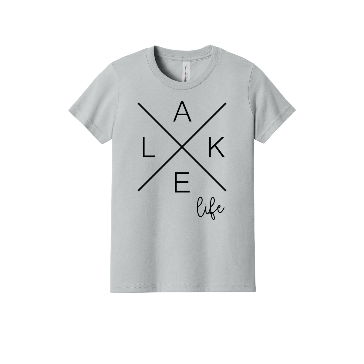 Lake Life design on a Heather Athletic Gray youth T-shirt, front view.