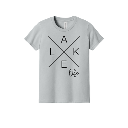 Lake Life design on a Heather Athletic Gray youth T-shirt, front view.