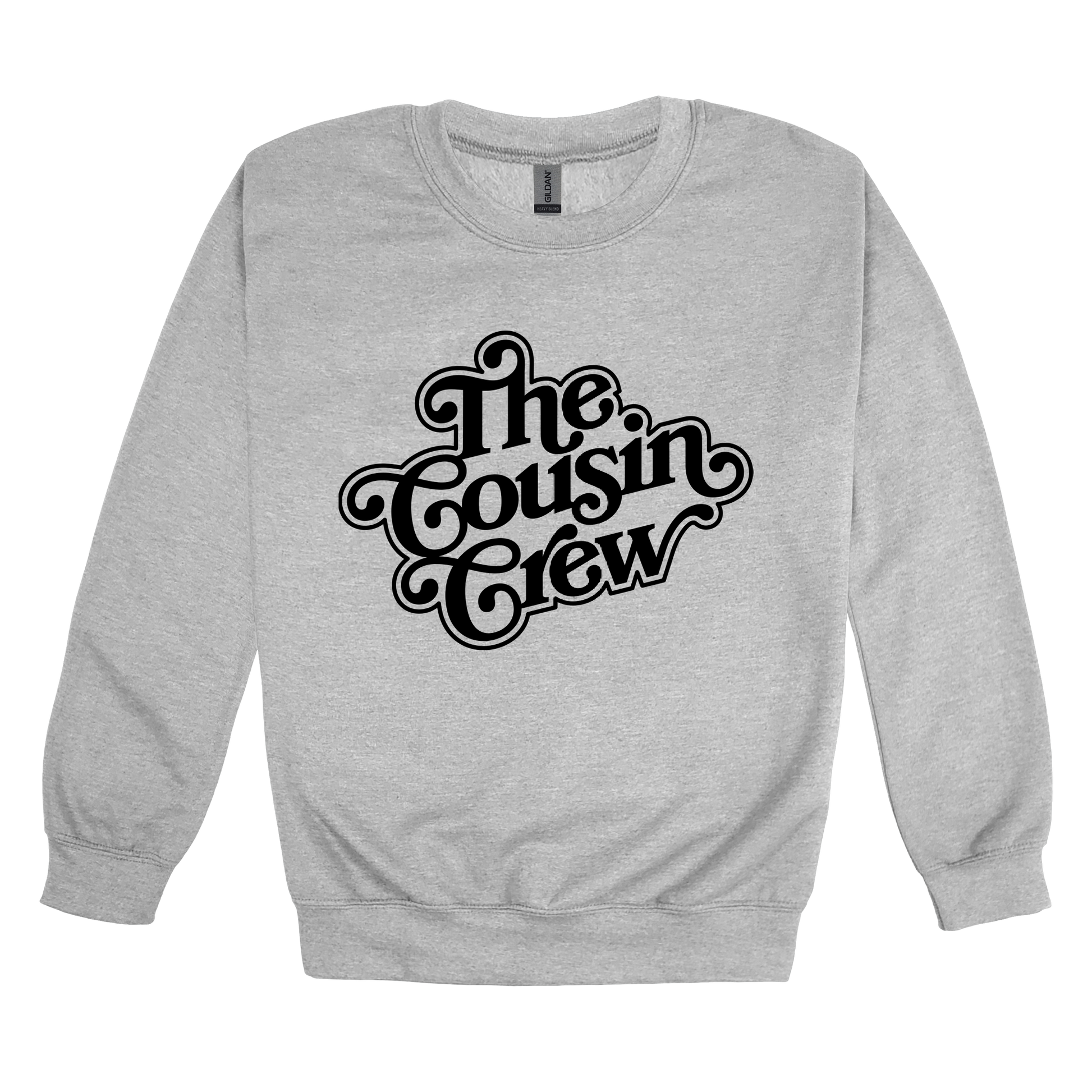 The Cousin Crew design on a Sport Gray adult crewneck sweatshirt, front view.
