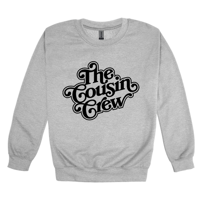 The Cousin Crew design on a Sport Gray adult crewneck sweatshirt, front view.