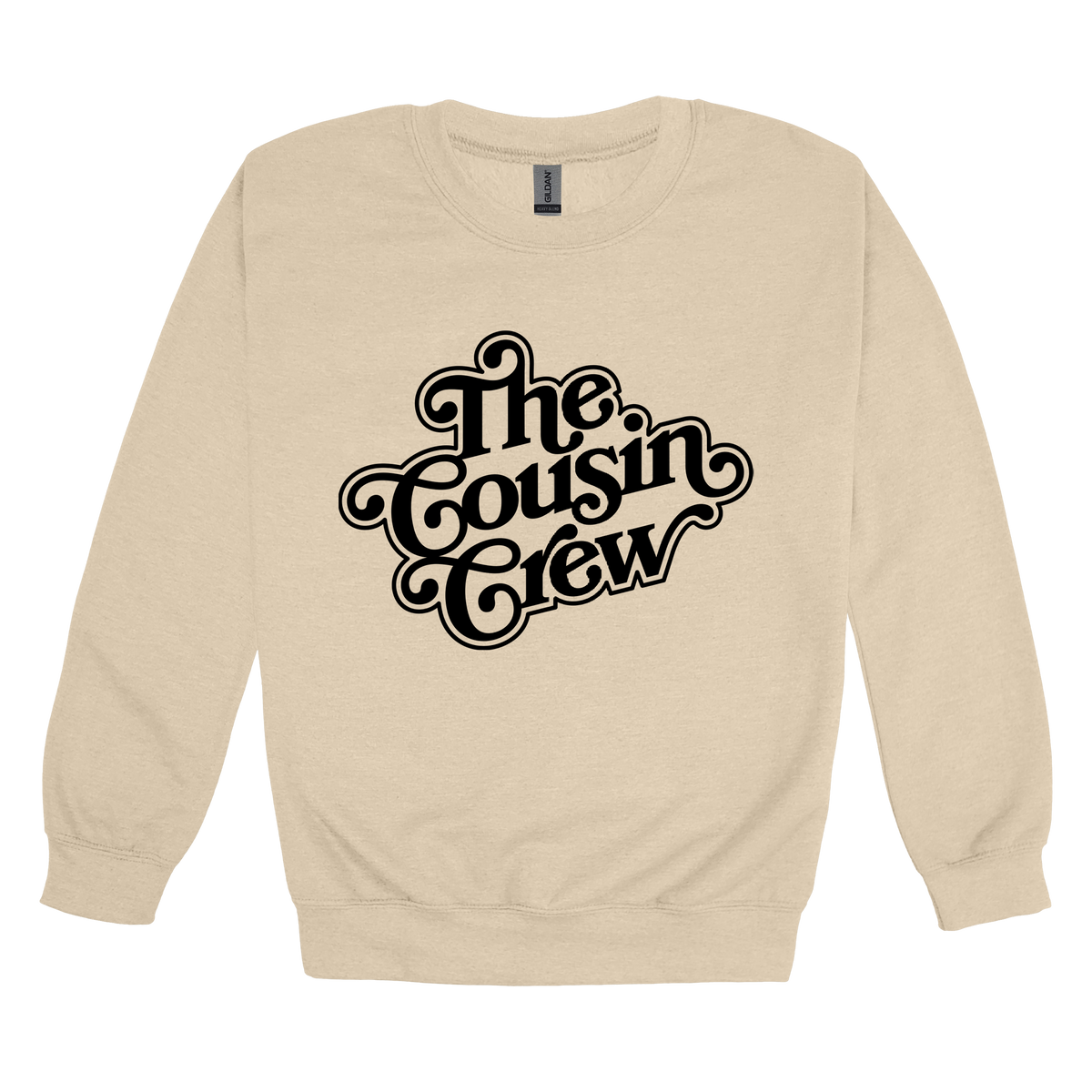 The Cousin Crew design on a Sand adult crewneck sweatshirt, front view.