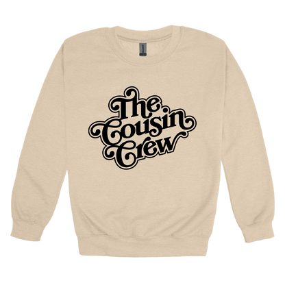 The Cousin Crew design on a Sand adult crewneck sweatshirt, front view.